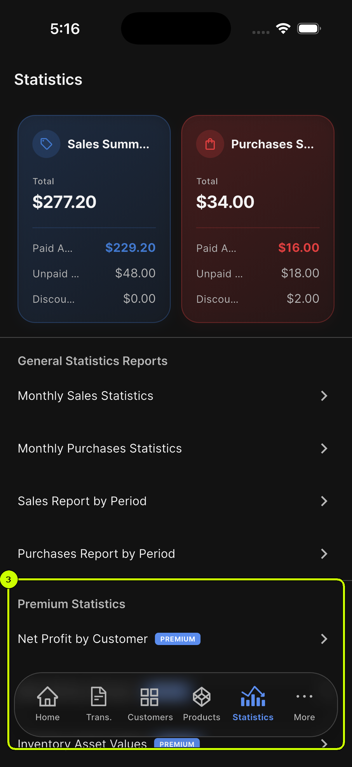 Premium Statistics reports highlighted in the SalesDocks English Statistics screen