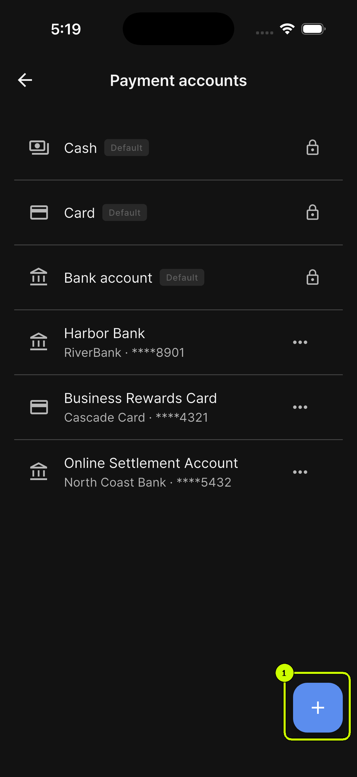 Add payment account button highlighted in the SalesDocks English payment account list