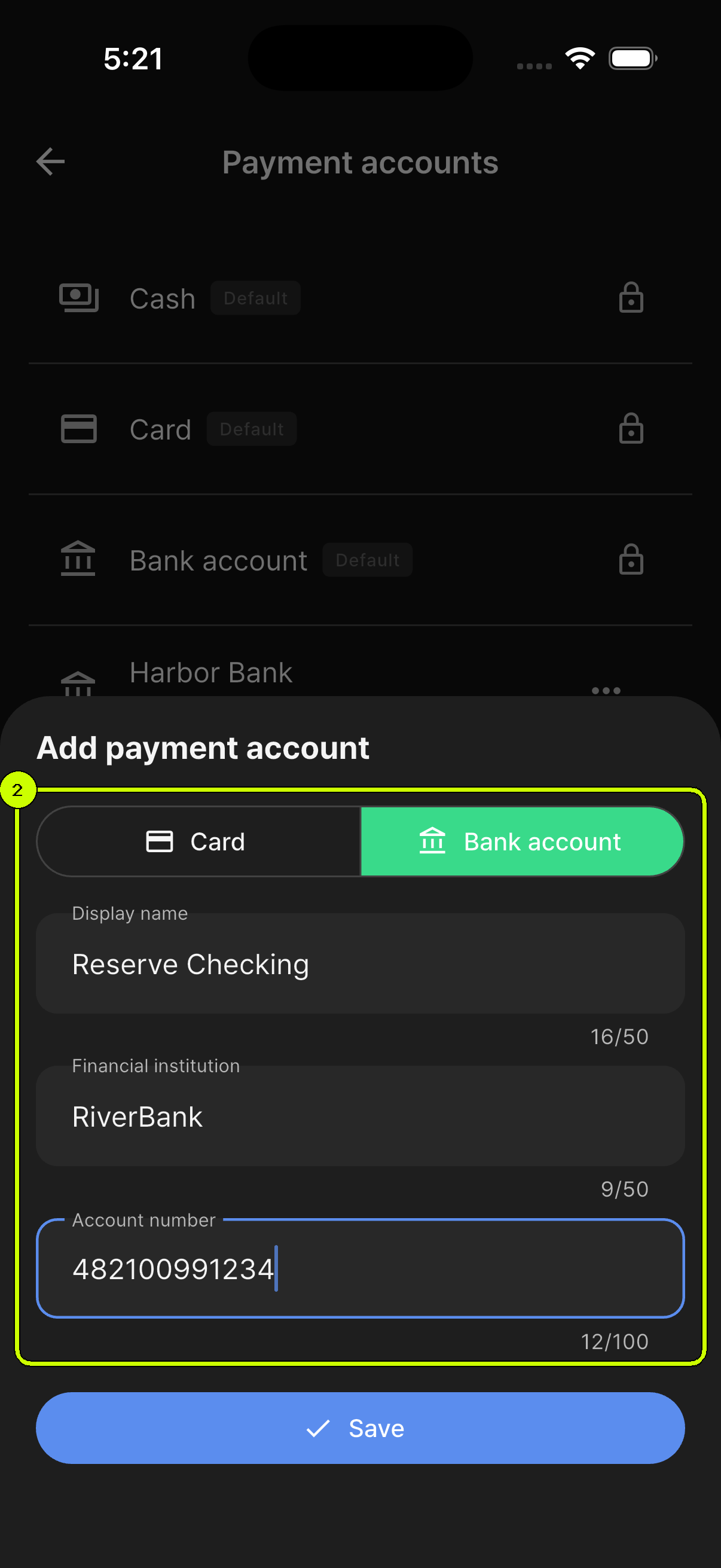 Account type, display name, financial institution, and account number highlighted in the SalesDocks English add payment account sheet