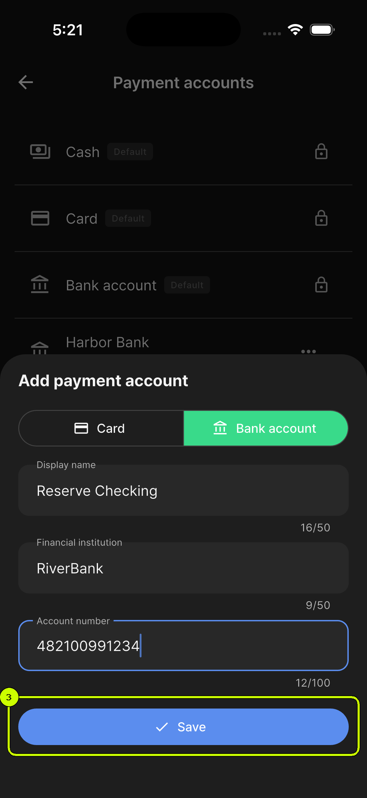 Save button highlighted in the SalesDocks English add payment account sheet