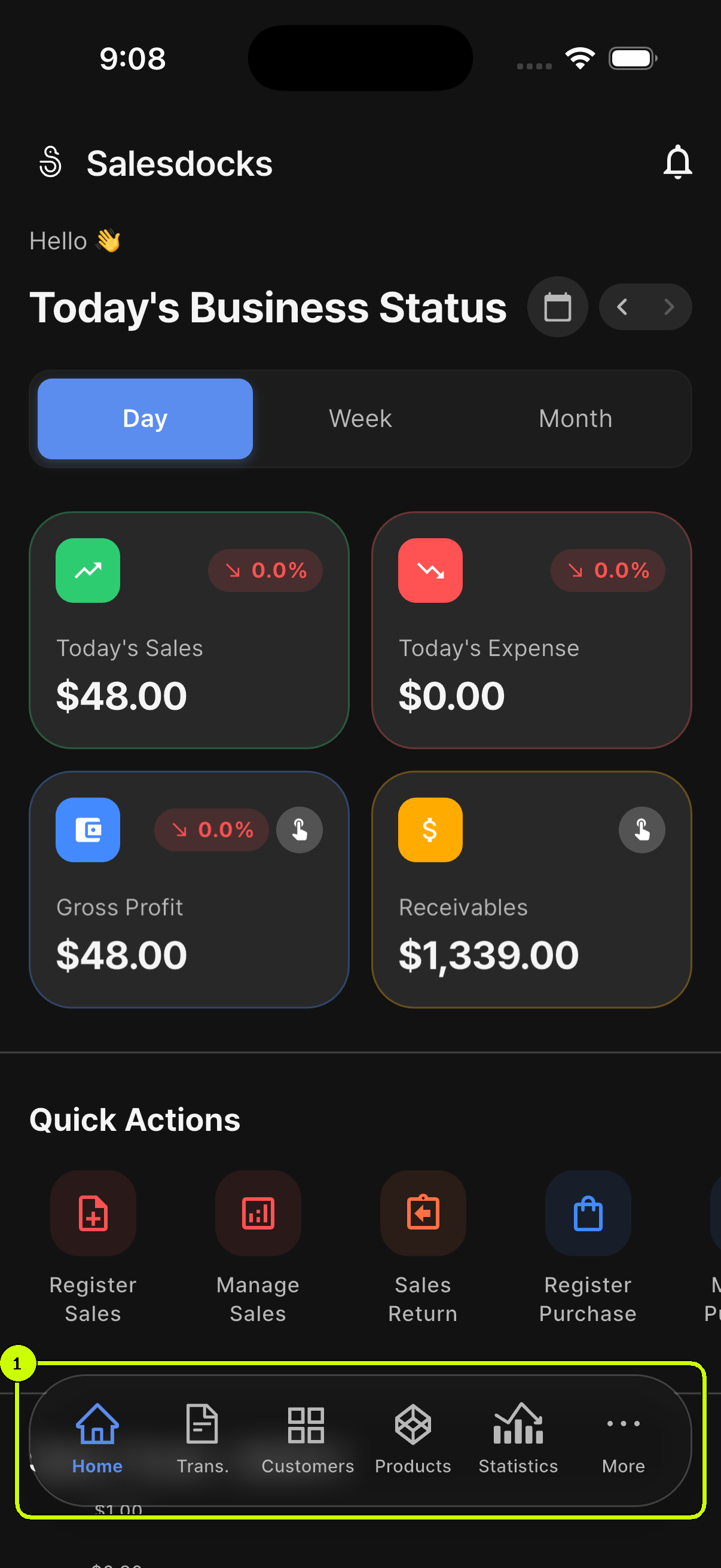 SalesDocks English home screen with the bottom navigation highlighted