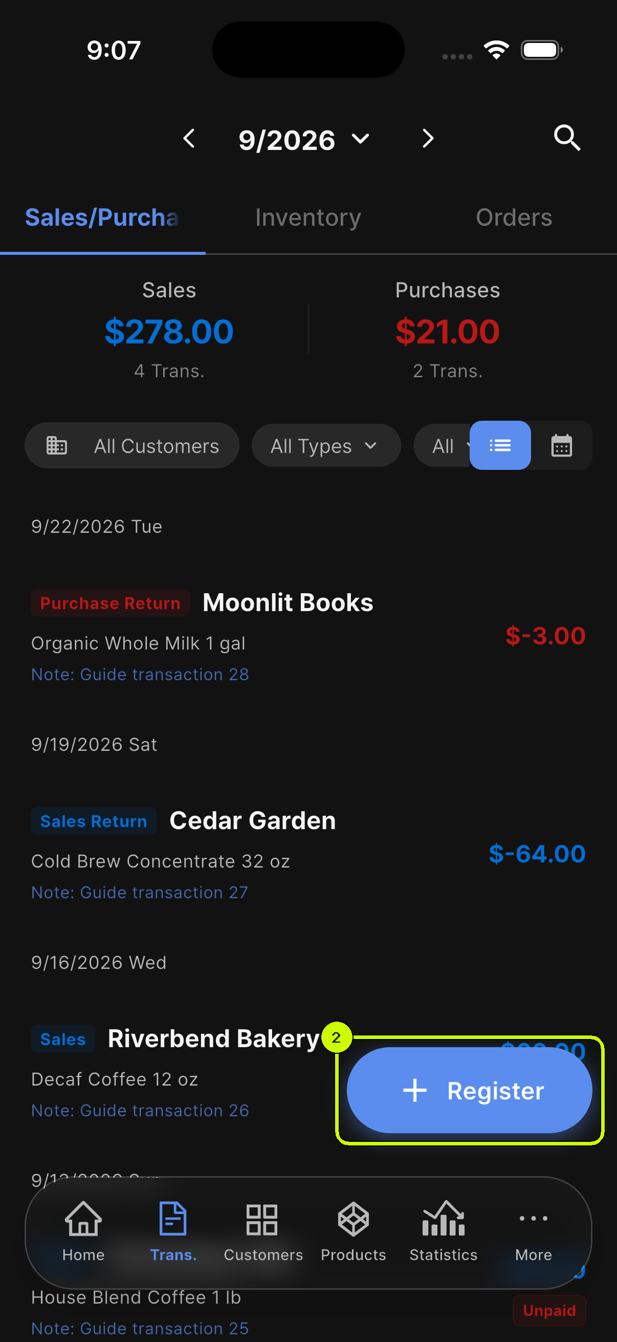SalesDocks English transaction history screen