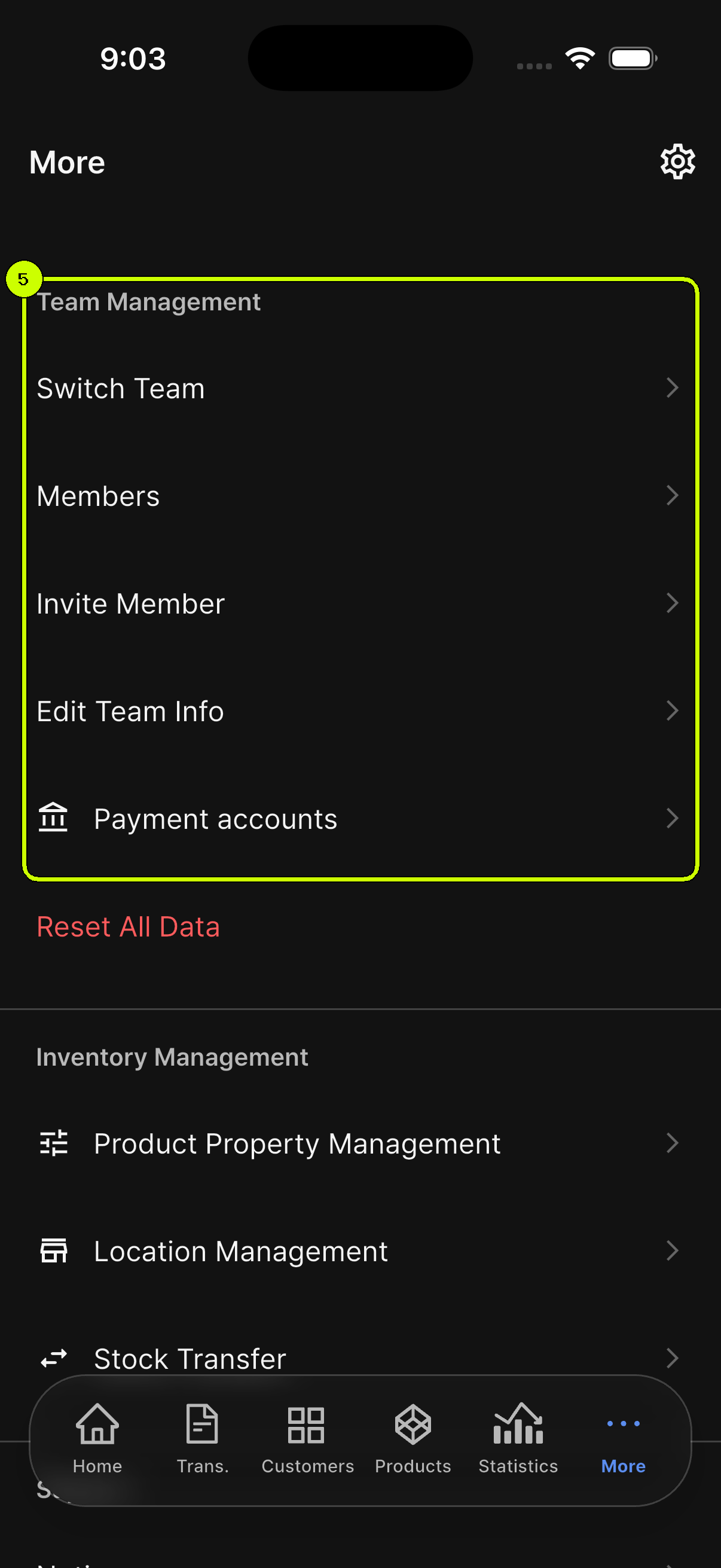 SalesDocks English More menu with settings and management areas