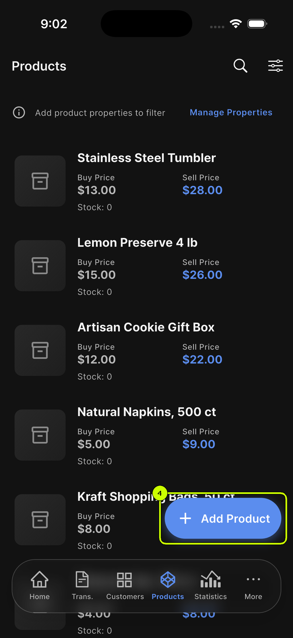SalesDocks English product list showing purchase prices, selling prices, and stock