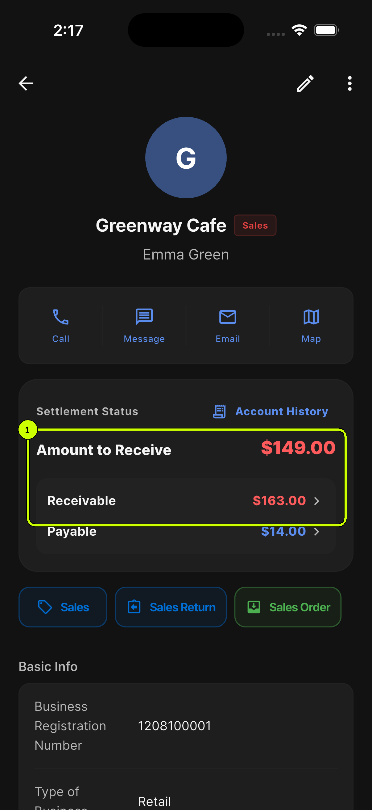 SalesDocks English Greenway Cafe detail with Amount to Receive and Receivable highlighted
