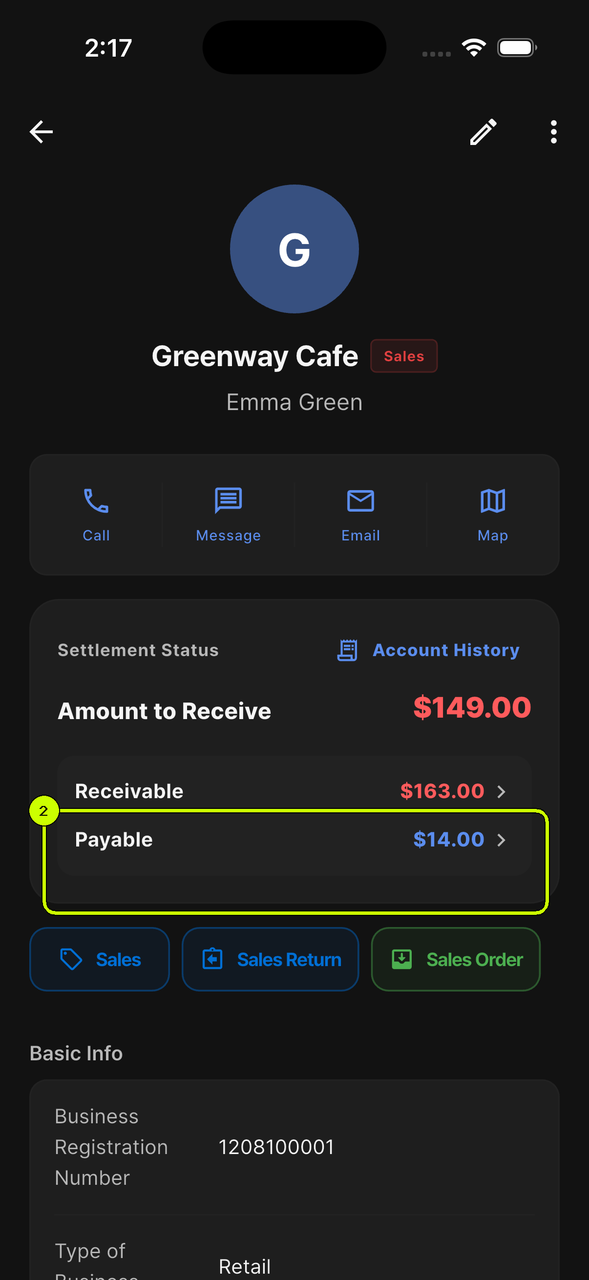SalesDocks English Greenway Cafe detail with the Payable balance highlighted
