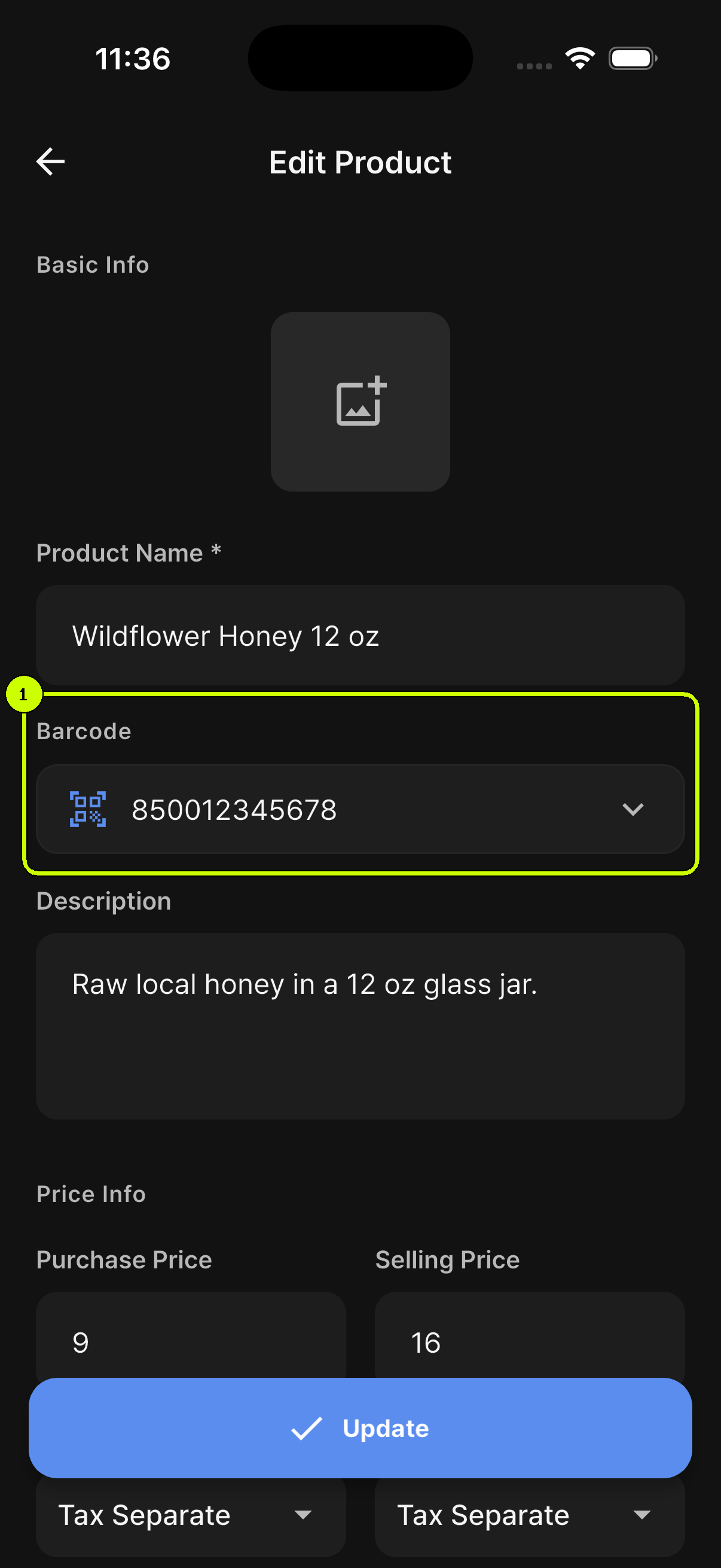 Barcode 850012345678 highlighted in the SalesDocks English Edit Product screen for Wildflower Honey 12 oz