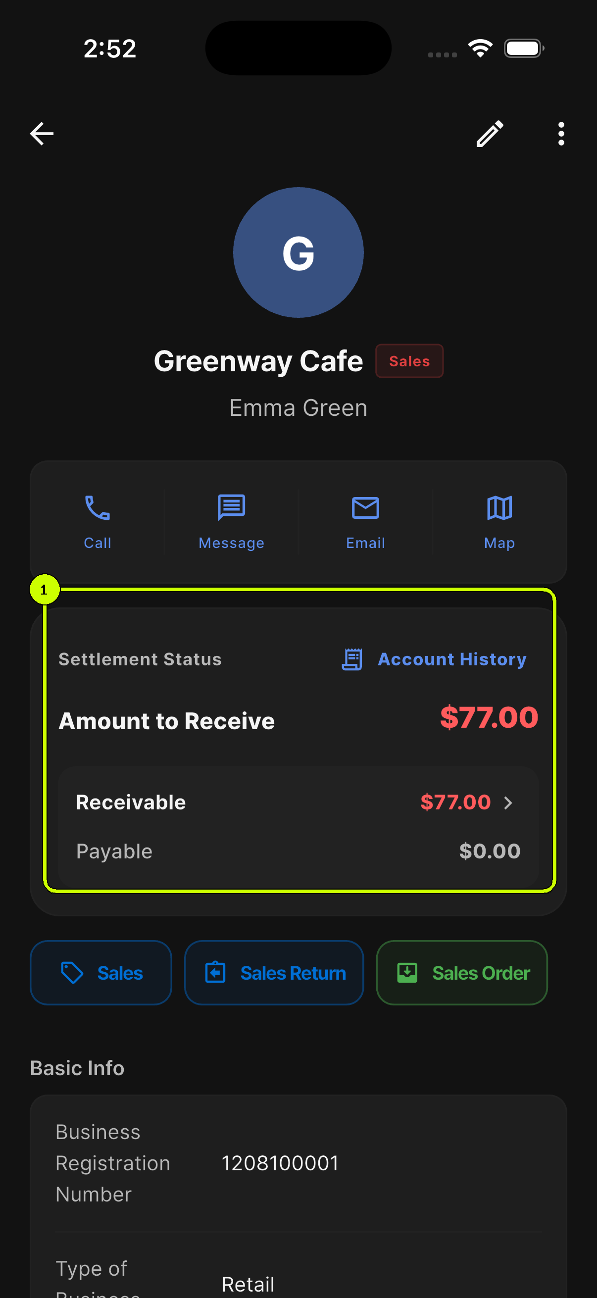 SalesDocks English Greenway Cafe detail with the 77 dollar receivable balance highlighted