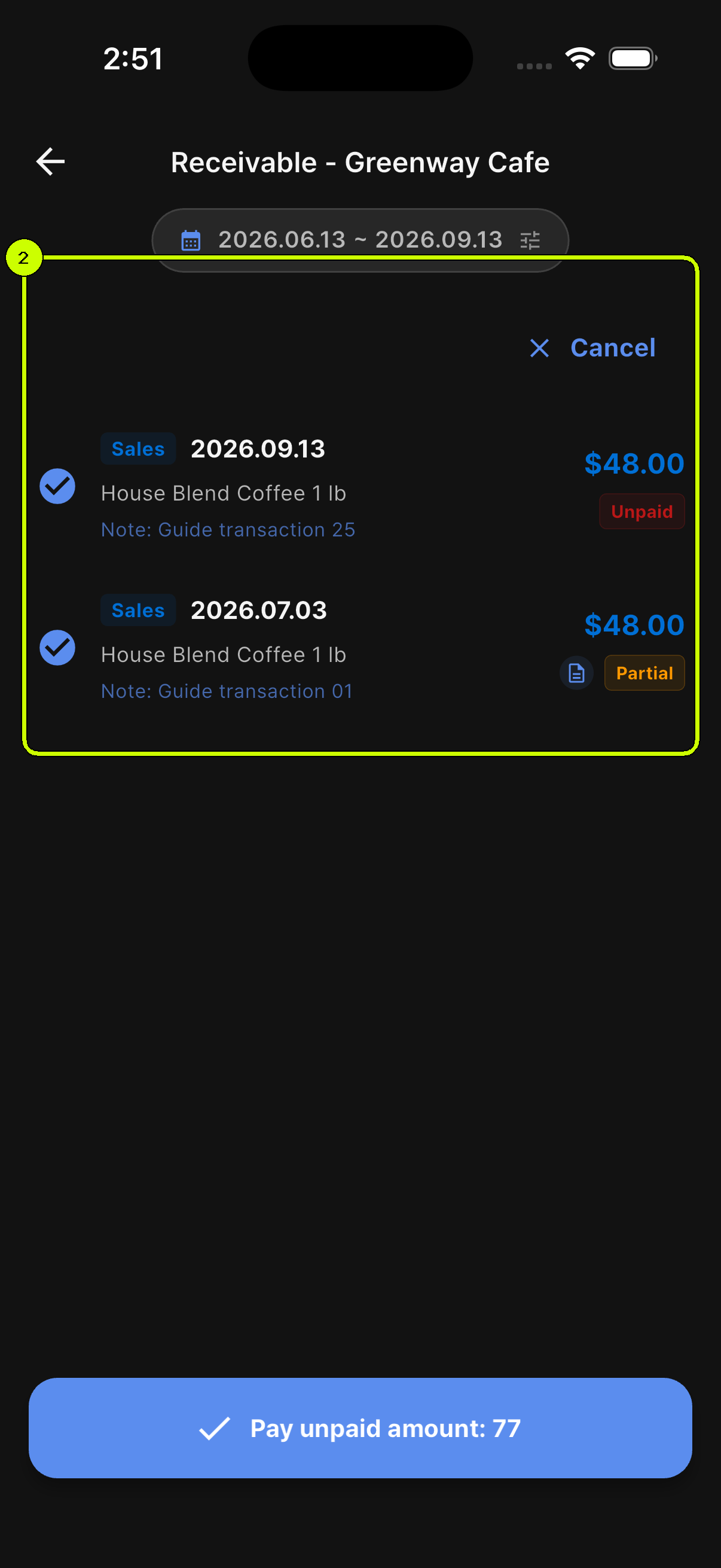 SalesDocks English receivable list with two Greenway Cafe sales selected and a 77 dollar payment action