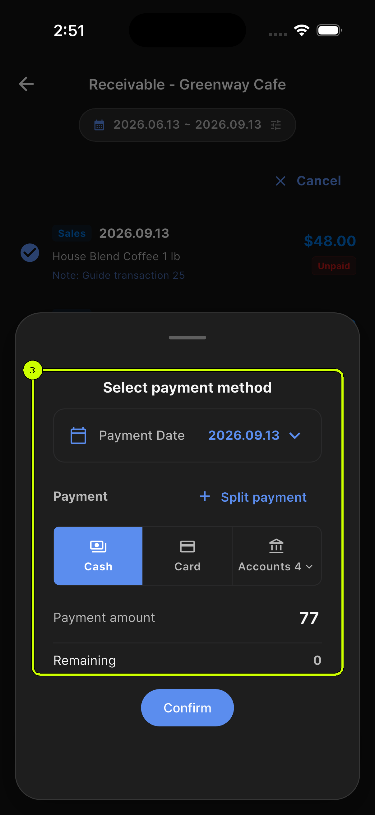 SalesDocks English bulk settlement sheet with Cash and a payment amount of 77 dollars highlighted