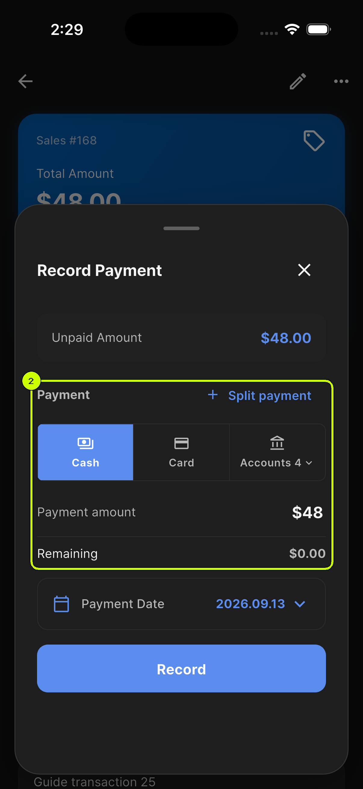 SalesDocks English Record Payment sheet with the payment account and amount highlighted