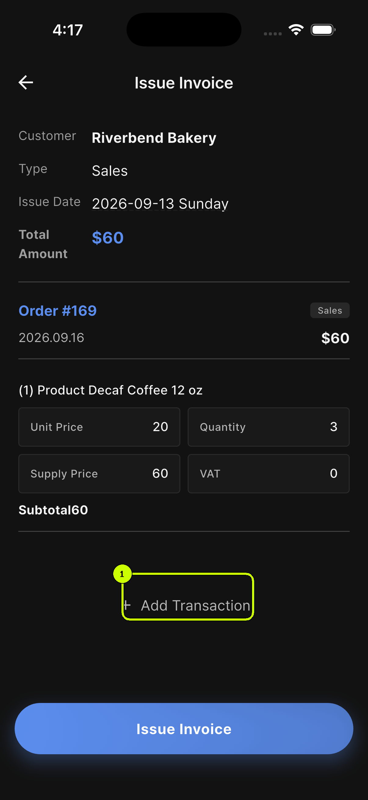 Add Transaction highlighted in a SalesDocks English invoice preview