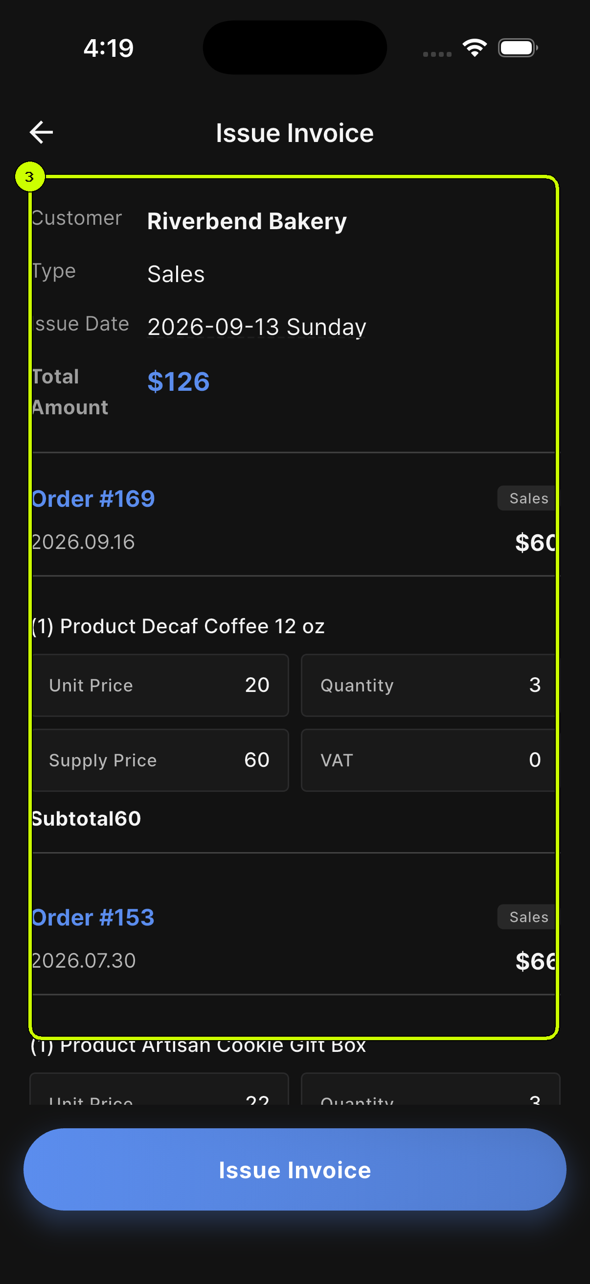 Two orders and their combined total highlighted in a SalesDocks English invoice preview