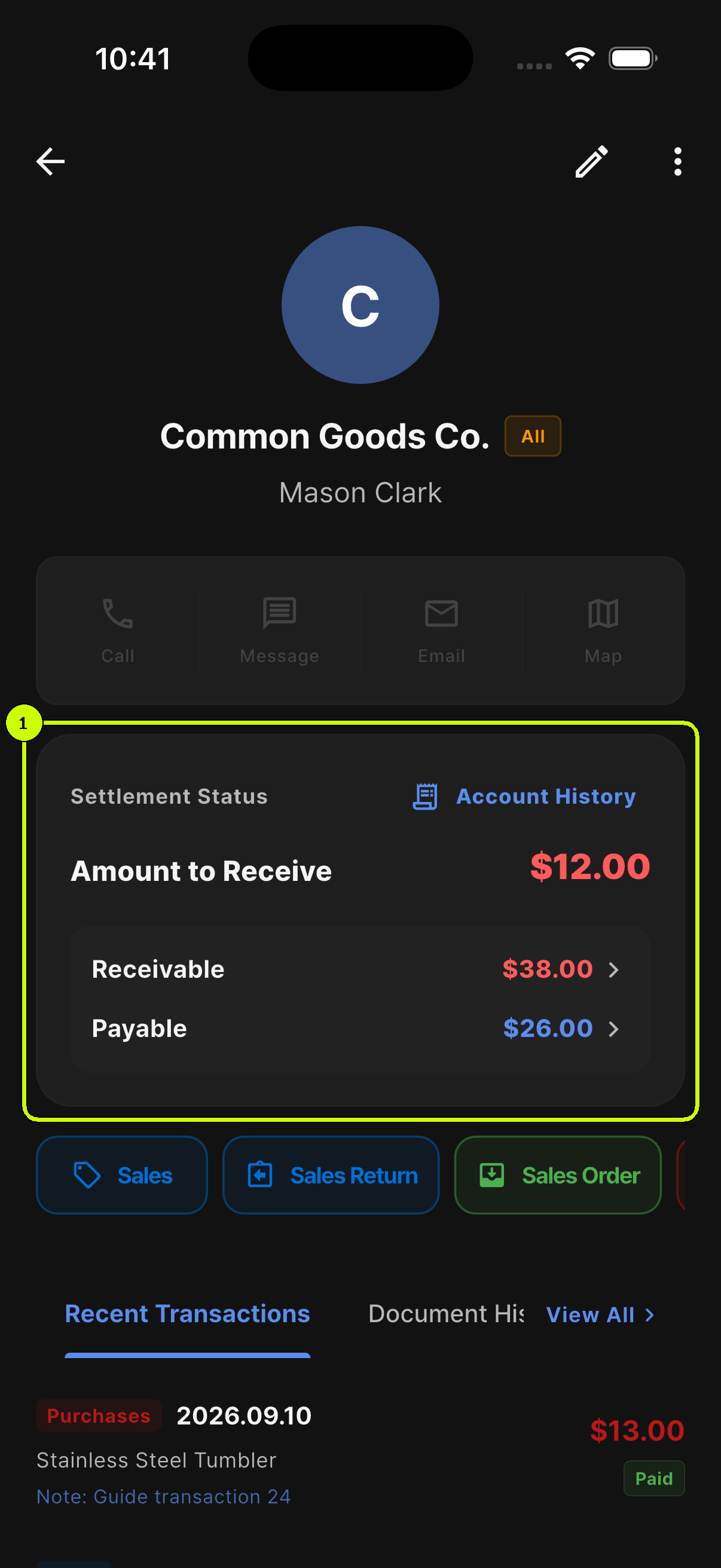 Settlement Status card highlighted on the SalesDocks English customer detail screen
