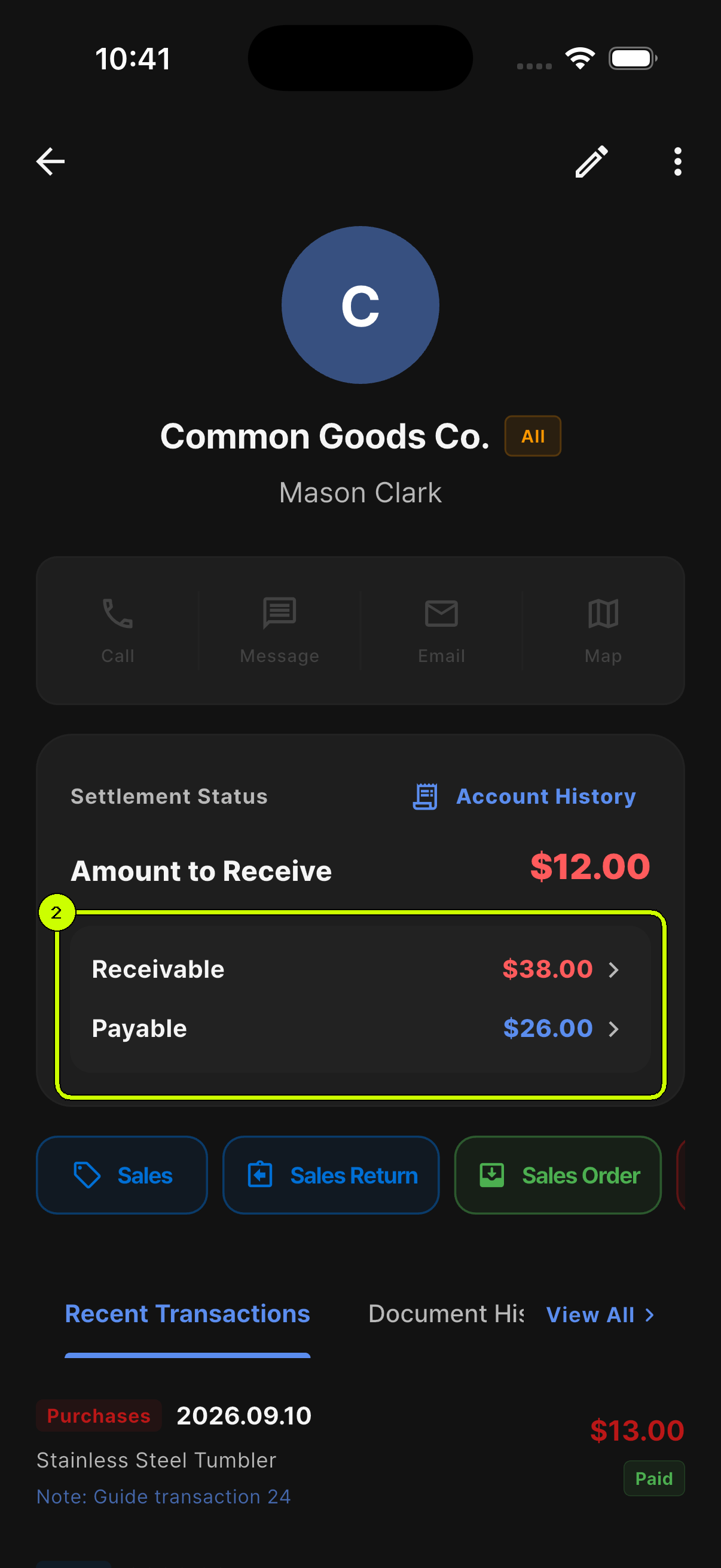 Receivable and Payable balances highlighted on the SalesDocks English customer detail screen