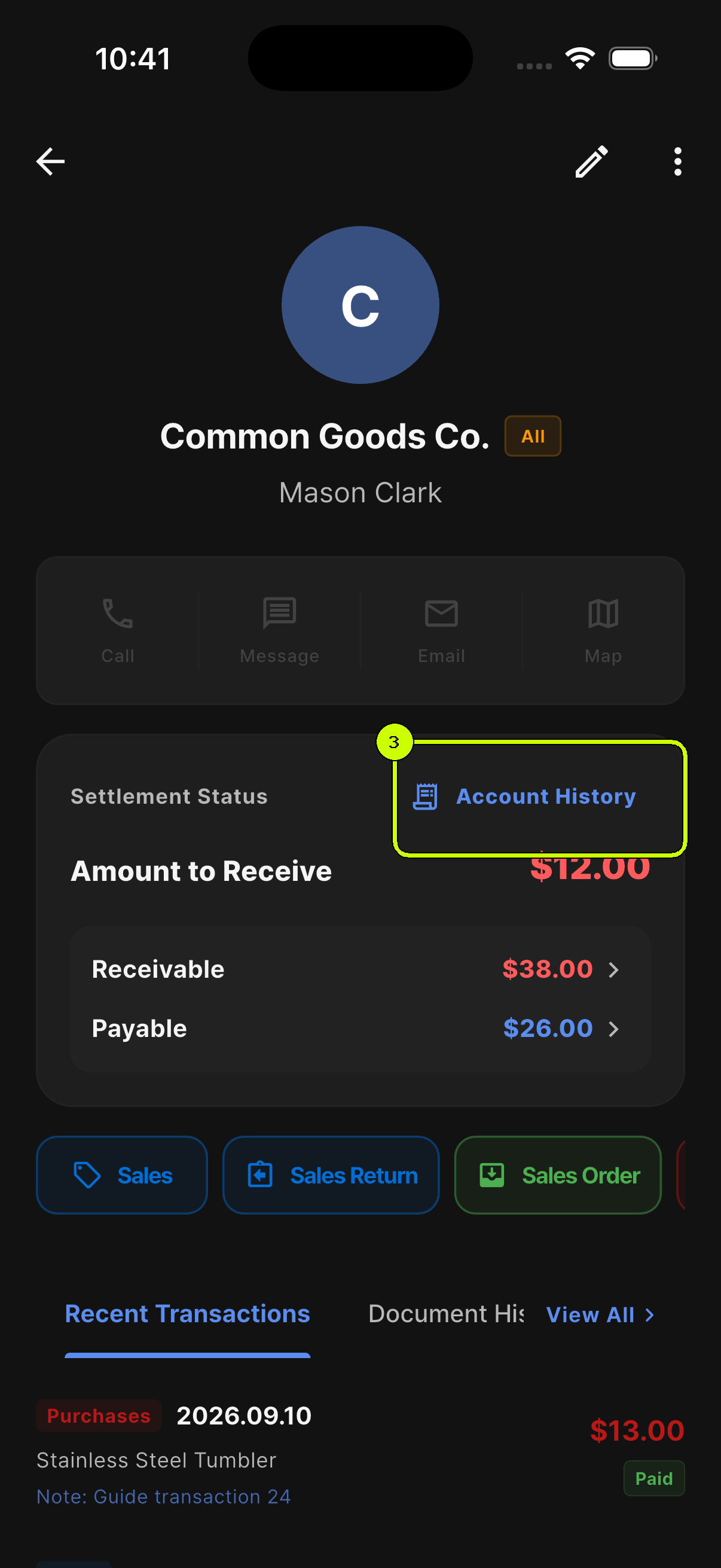 Account History button highlighted on the SalesDocks English customer detail screen