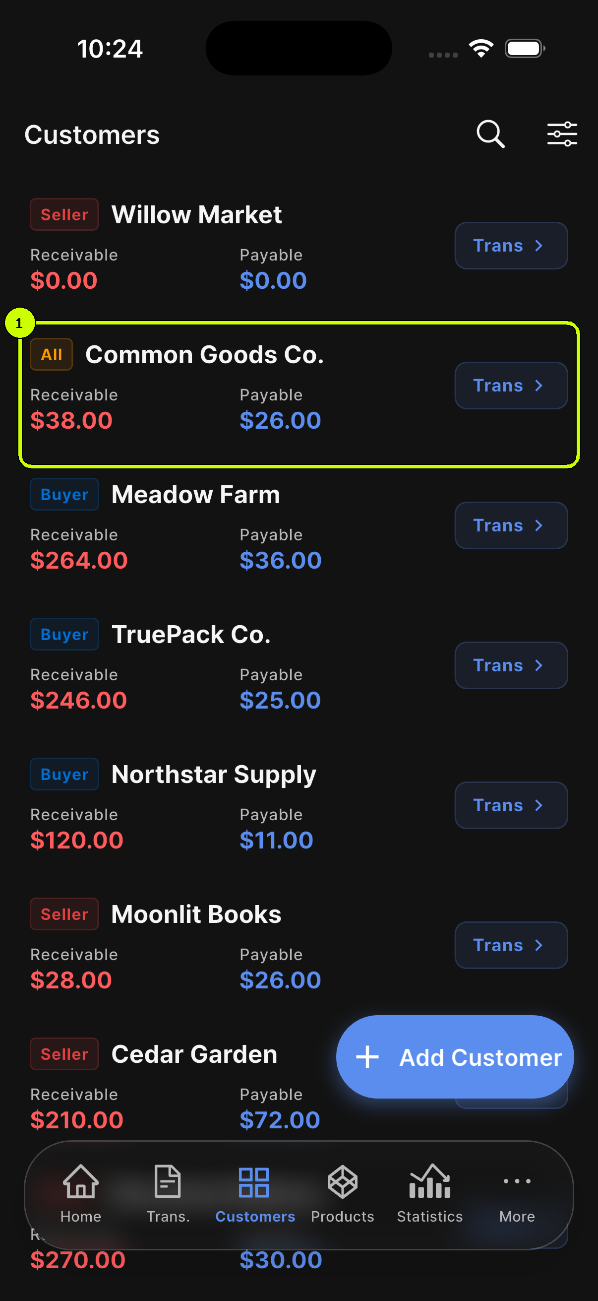 Common Goods Co. highlighted in the SalesDocks English customer list