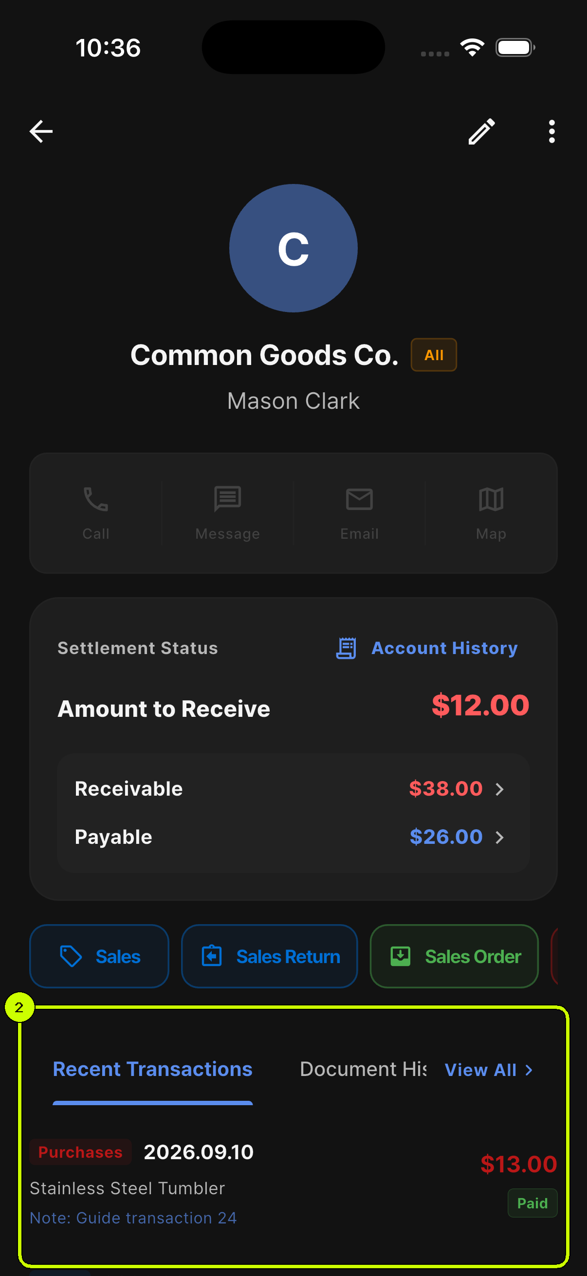Recent purchases and sales highlighted on the SalesDocks English customer detail screen