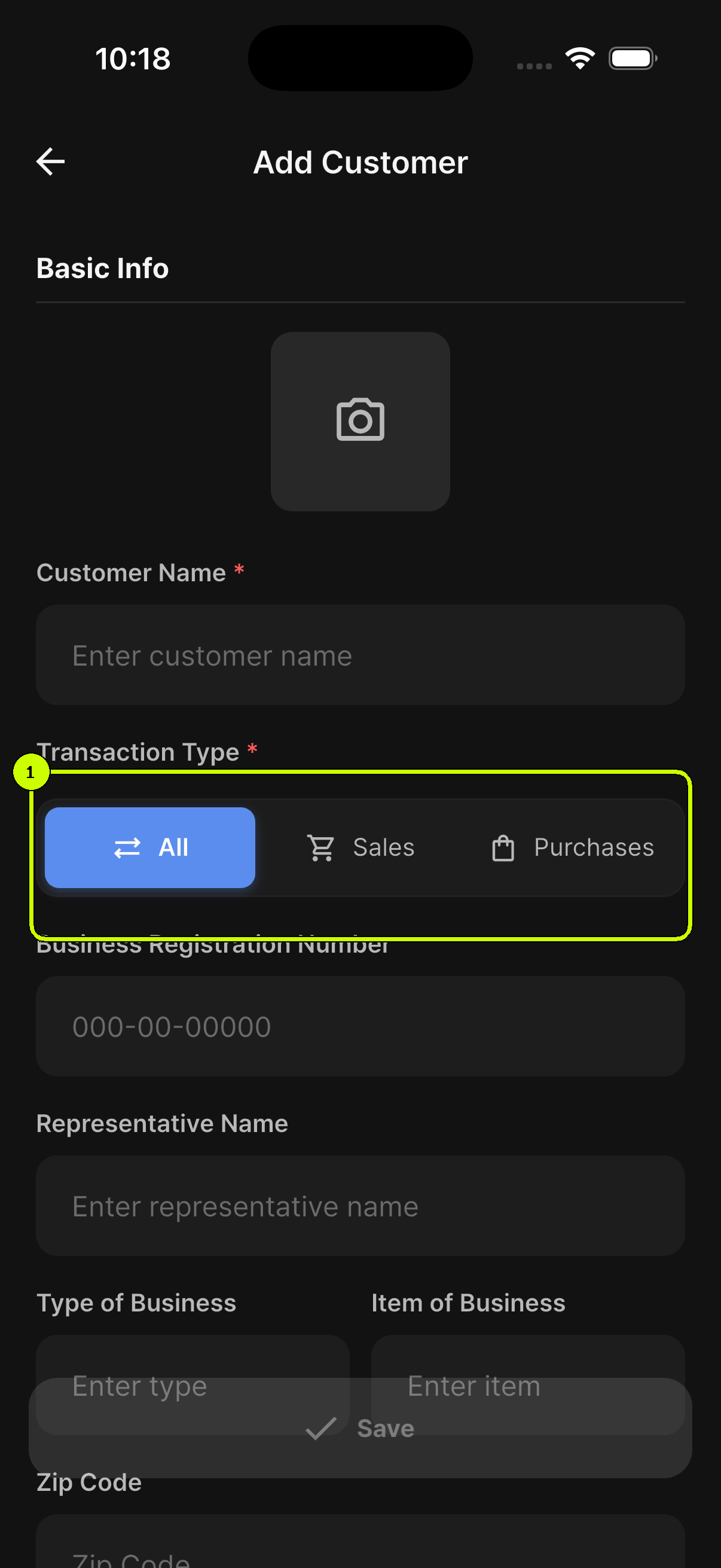 SalesDocks English Add Customer screen with All, Sales, and Purchases transaction types highlighted