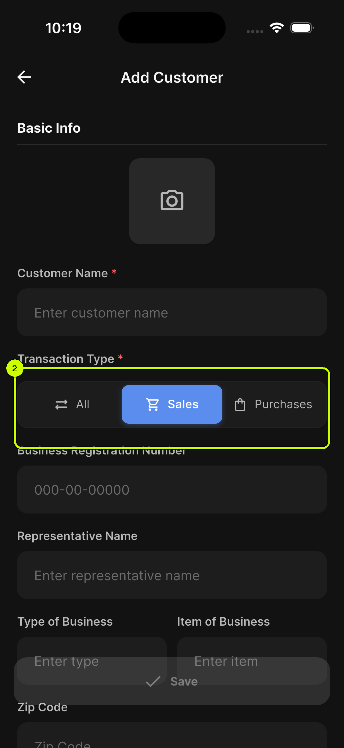 SalesDocks English Add Customer screen with Sales selected from the transaction type options