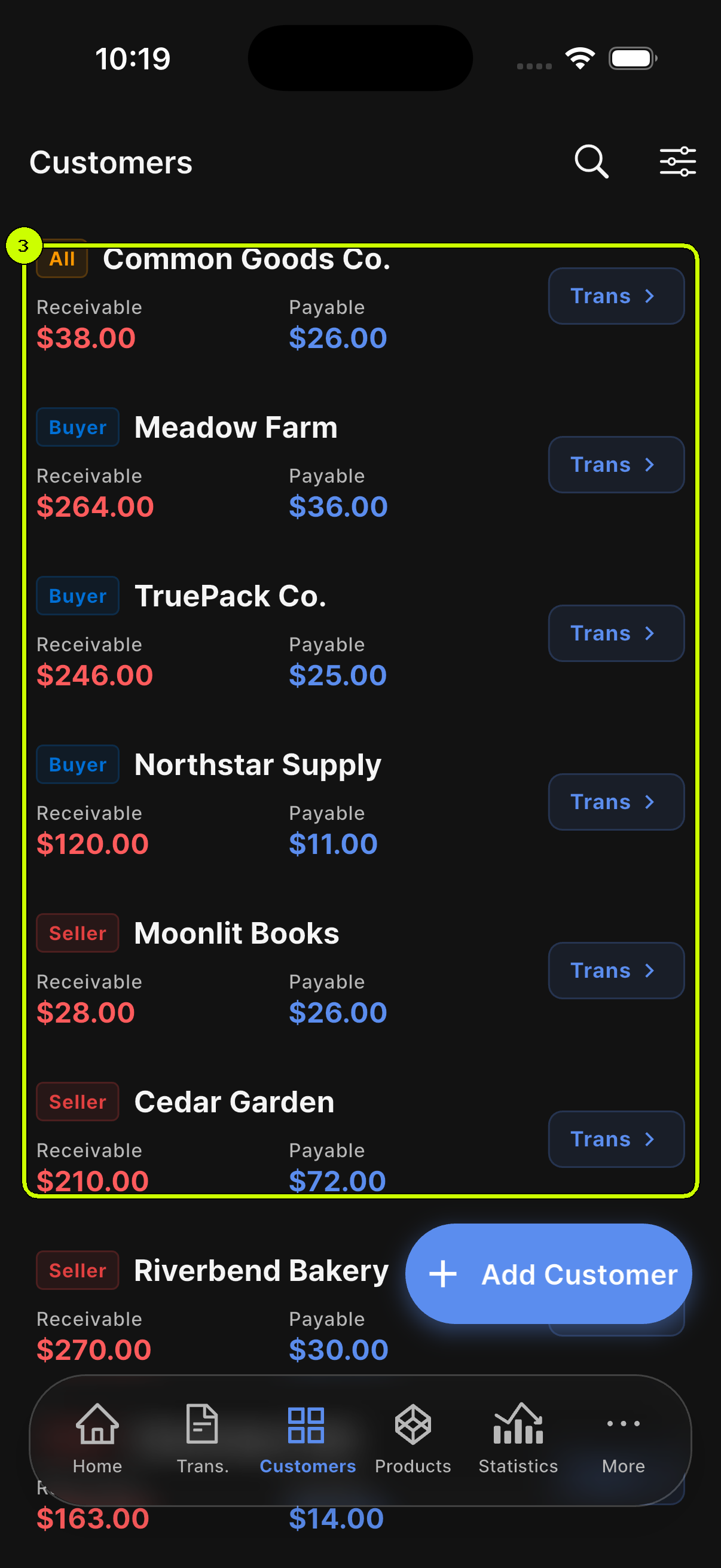 SalesDocks English customer list showing All, Buyer, and Seller badges with receivable and payable balances