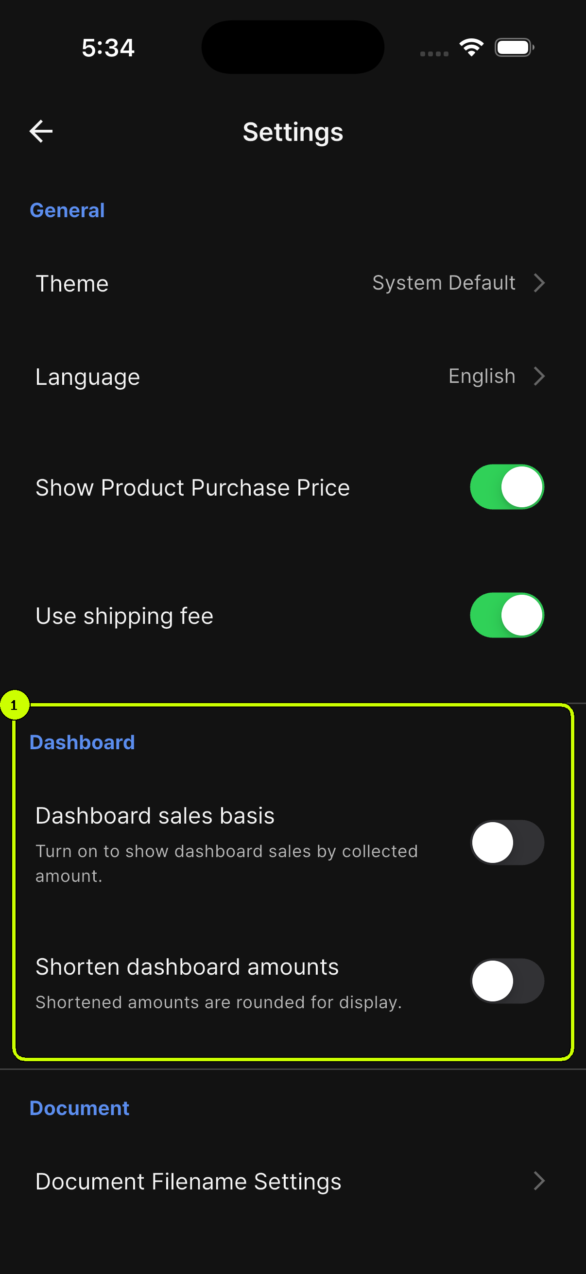 Dashboard settings section highlighted in SalesDocks English Settings