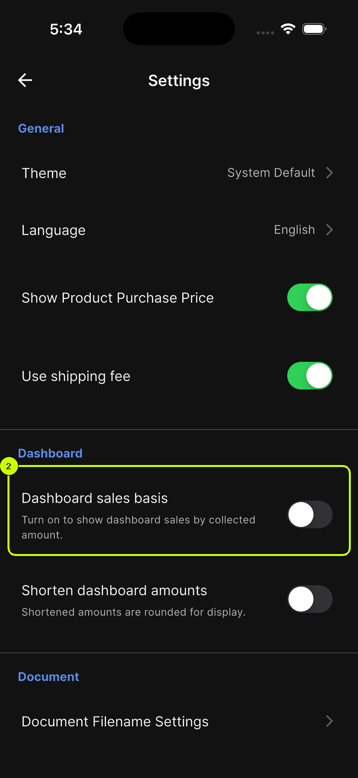 Dashboard sales basis switch highlighted in SalesDocks English Settings