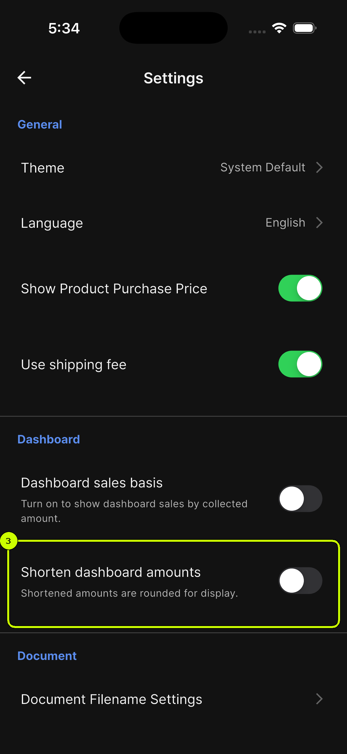 Shorten dashboard amounts switch highlighted in SalesDocks English Settings