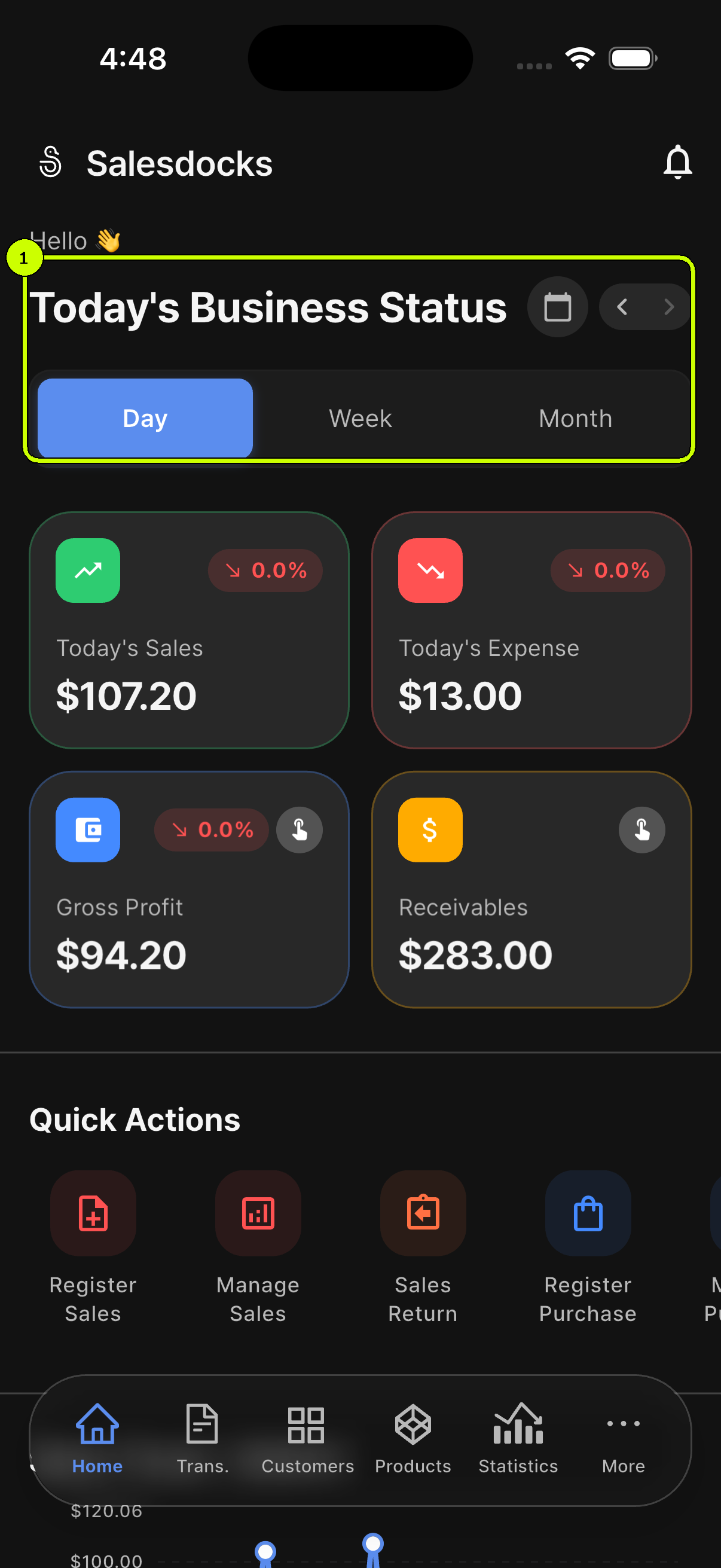 Day, Week, and Month period selector highlighted on the SalesDocks English Home dashboard
