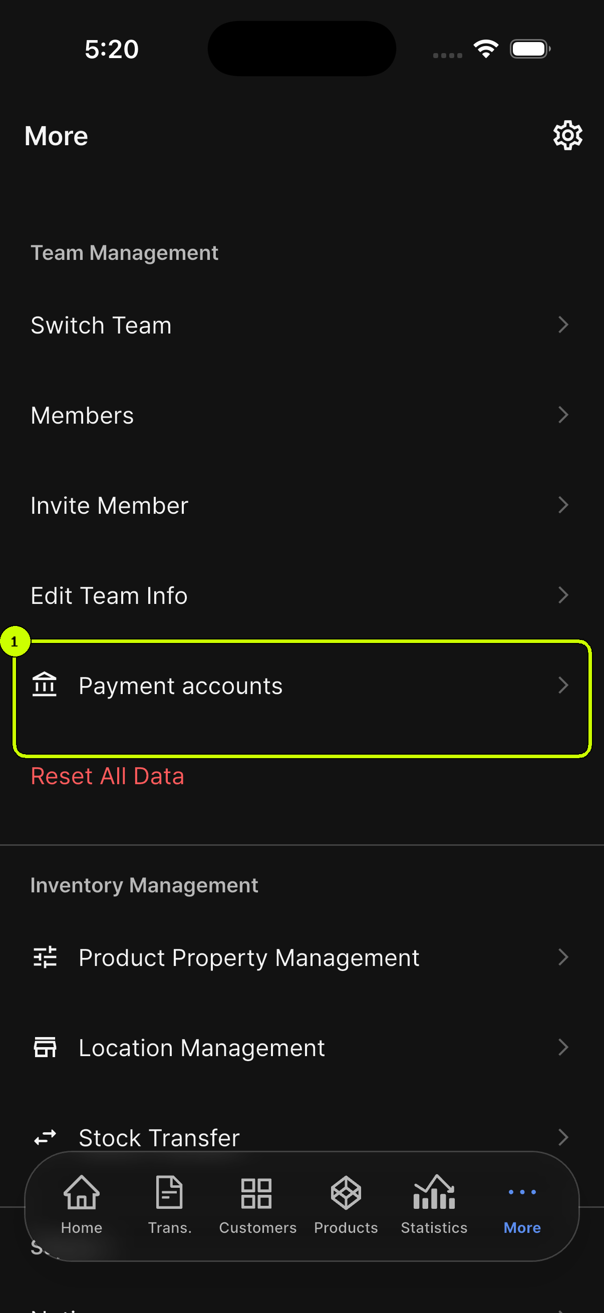 Payment accounts highlighted under Team Management in the SalesDocks English More screen