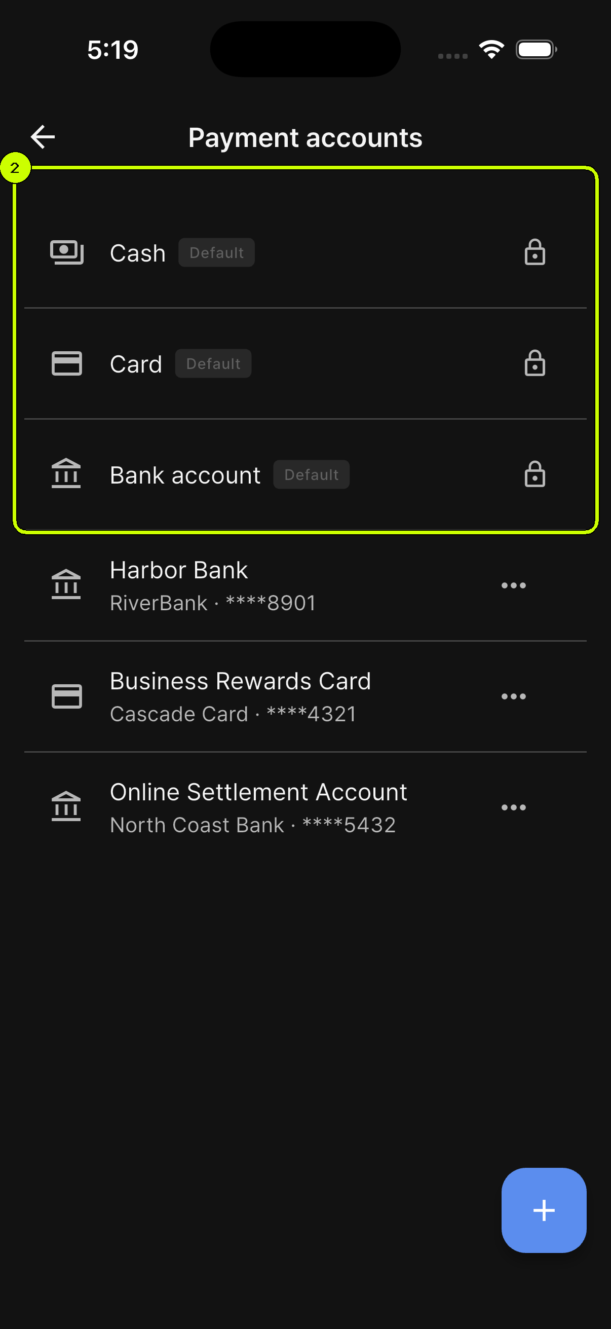 Cash, Card, and Bank account default payment accounts highlighted in the SalesDocks English payment account list