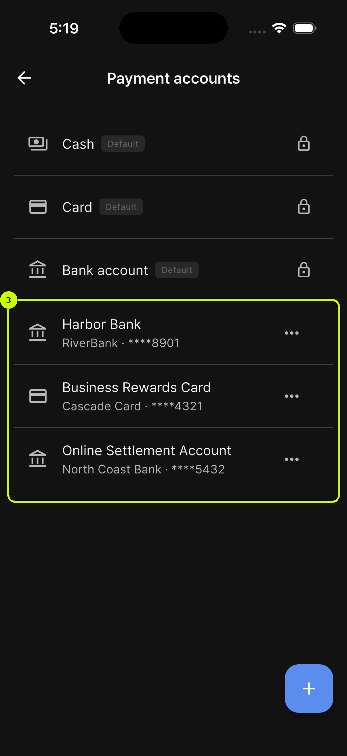 Harbor Bank, Business Rewards Card, and Online Settlement Account highlighted in the SalesDocks English payment account list