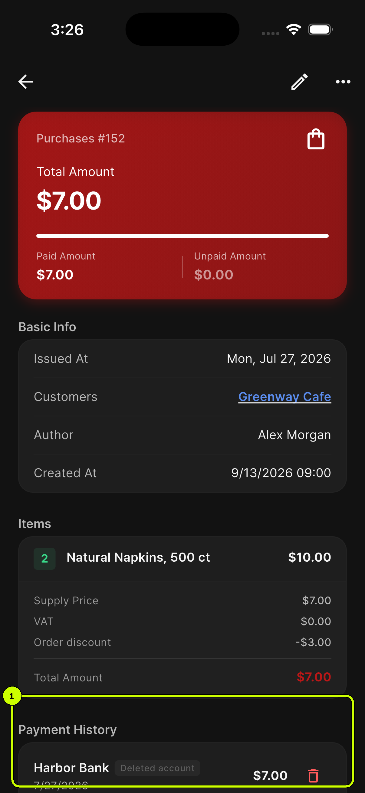 SalesDocks English purchase detail showing Harbor Bank retained in Payment History after deletion