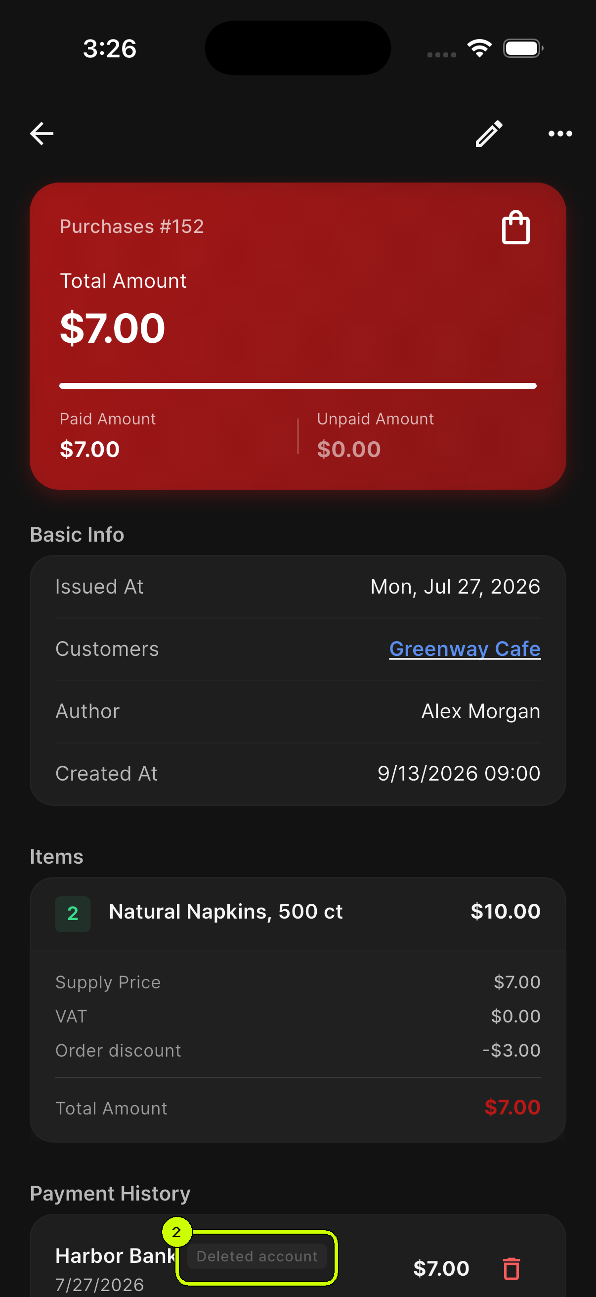 Deleted account badge highlighted beside Harbor Bank in SalesDocks English Payment History