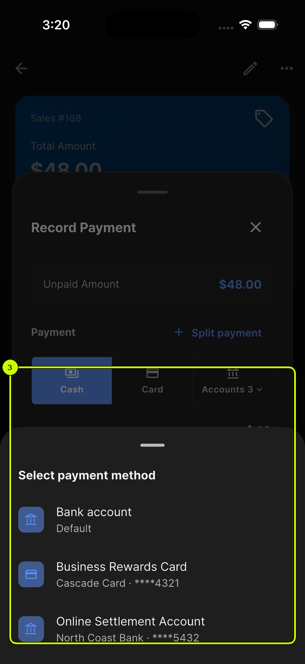 SalesDocks English payment method sheet listing only active bank and card accounts