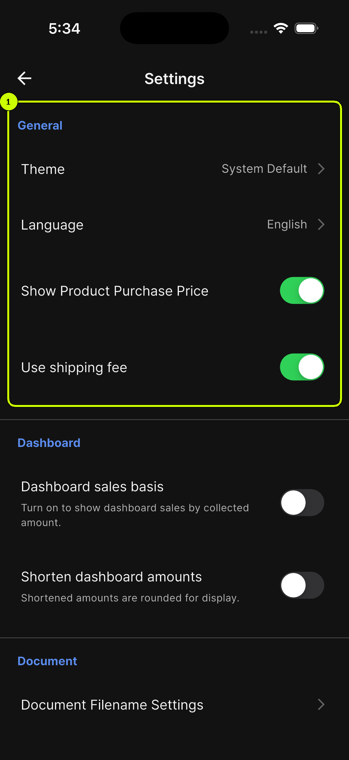 General product display settings highlighted in SalesDocks English Settings