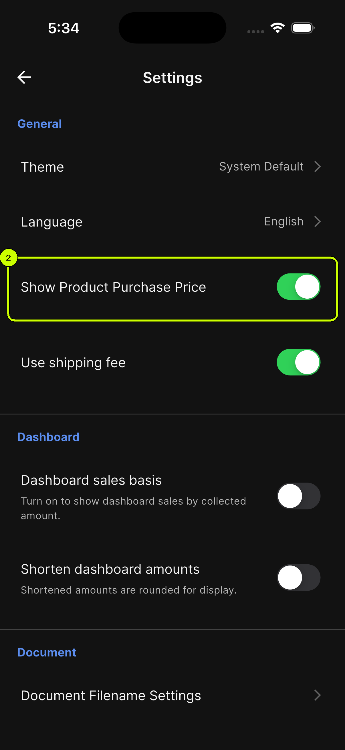 Show Product Purchase Price switch highlighted in SalesDocks English Settings