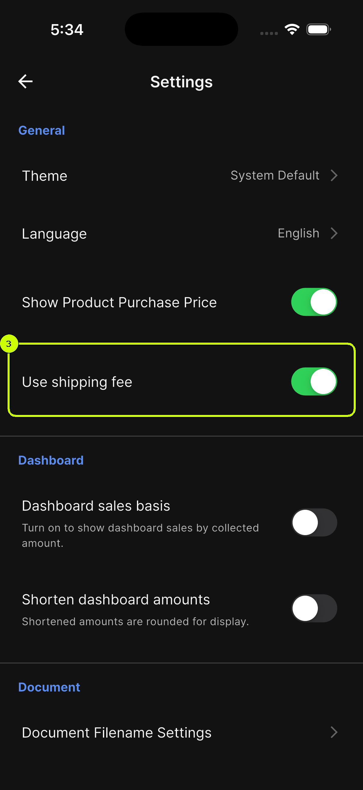 Use shipping fee switch highlighted in SalesDocks English Settings