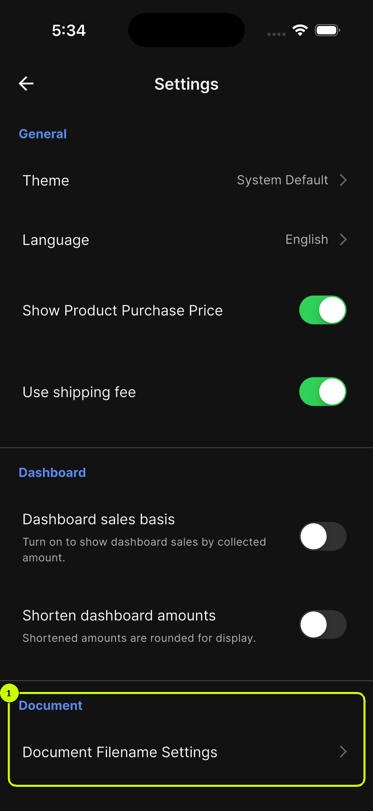 Document Filename Settings row highlighted in SalesDocks English Settings