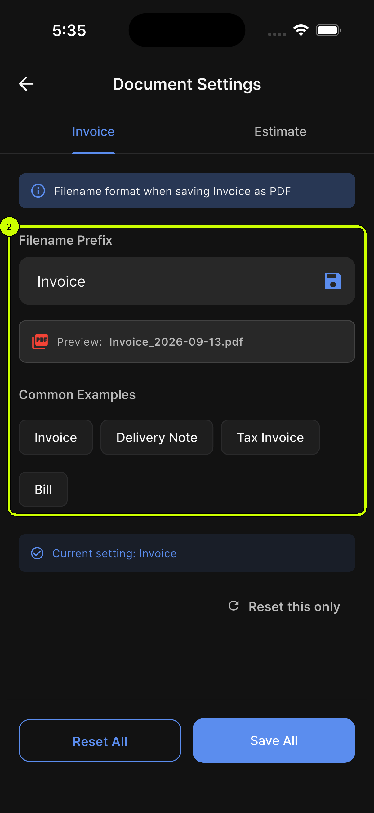 Filename Prefix, preview, and common examples highlighted in SalesDocks English Document Settings