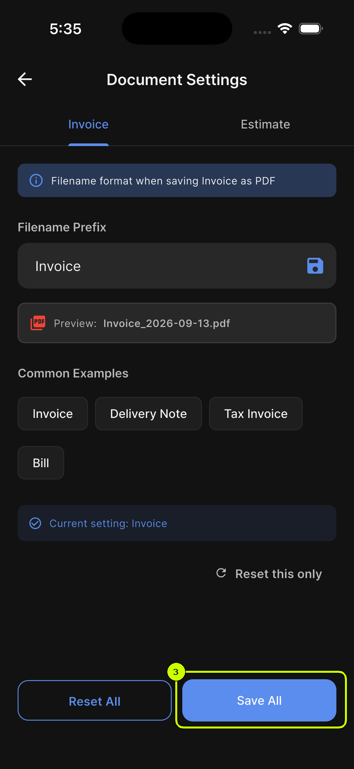 Save All button highlighted in SalesDocks English Document Settings
