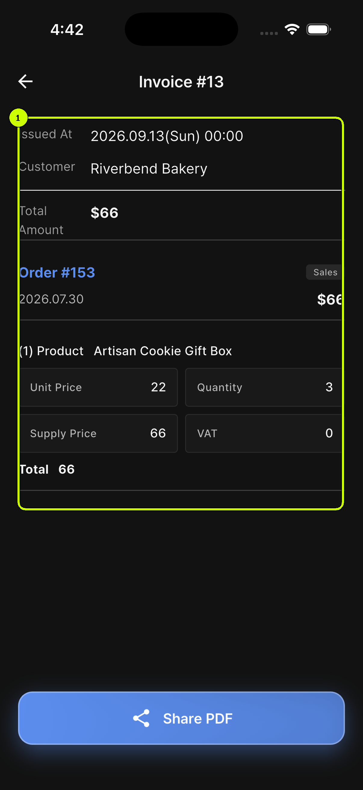 Issued Invoice 13 details highlighted in the SalesDocks English app