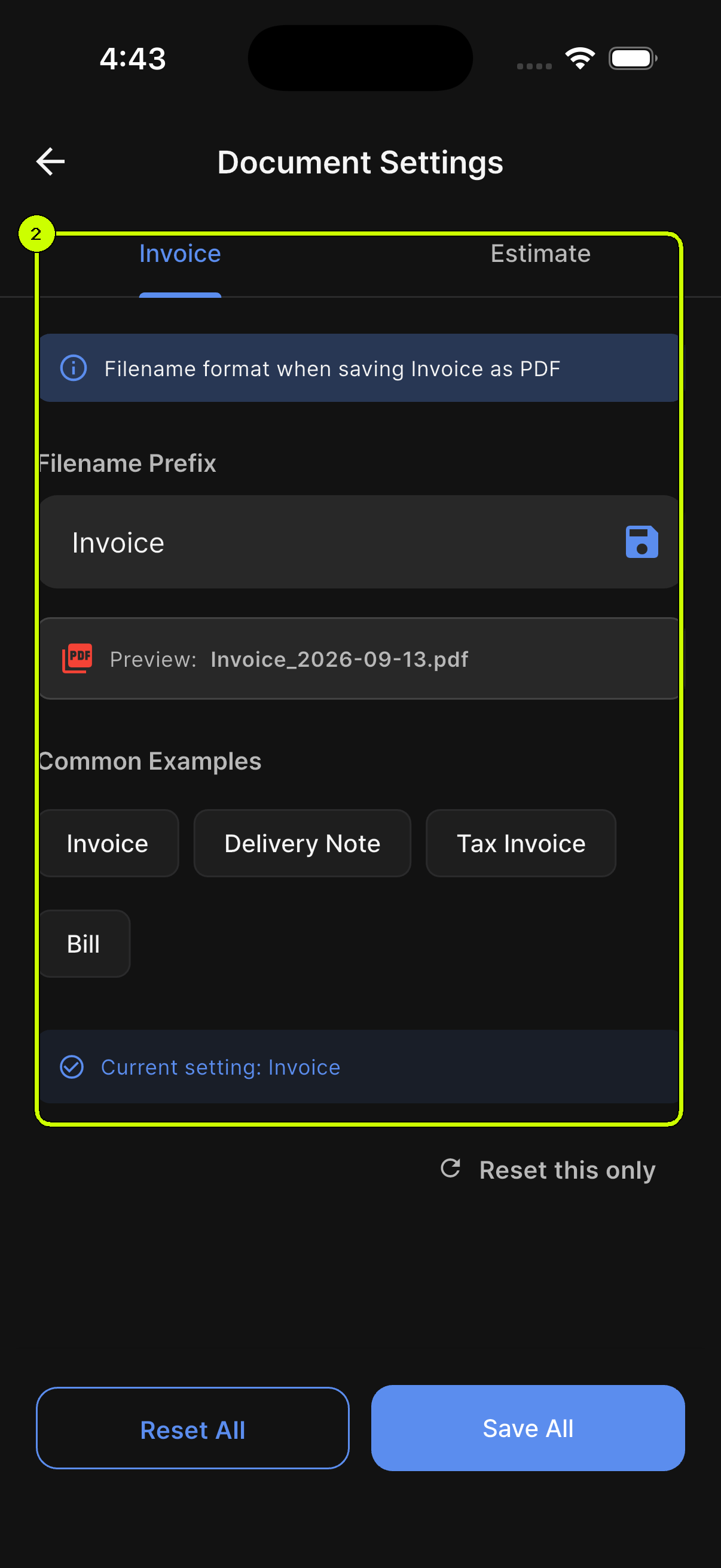 Invoice filename prefix, preview, and examples highlighted in SalesDocks English Document Settings
