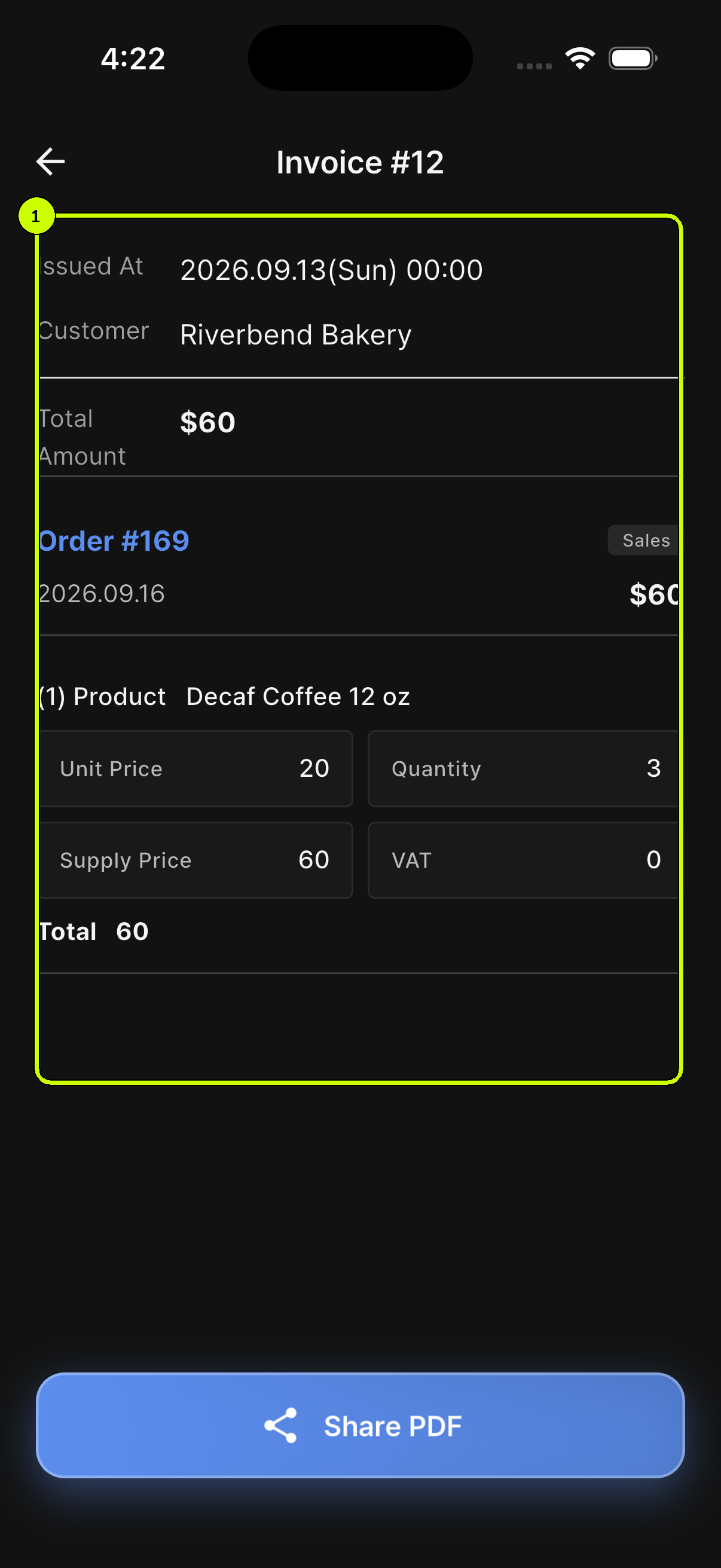Customer, total, and product details highlighted on a SalesDocks English issued invoice