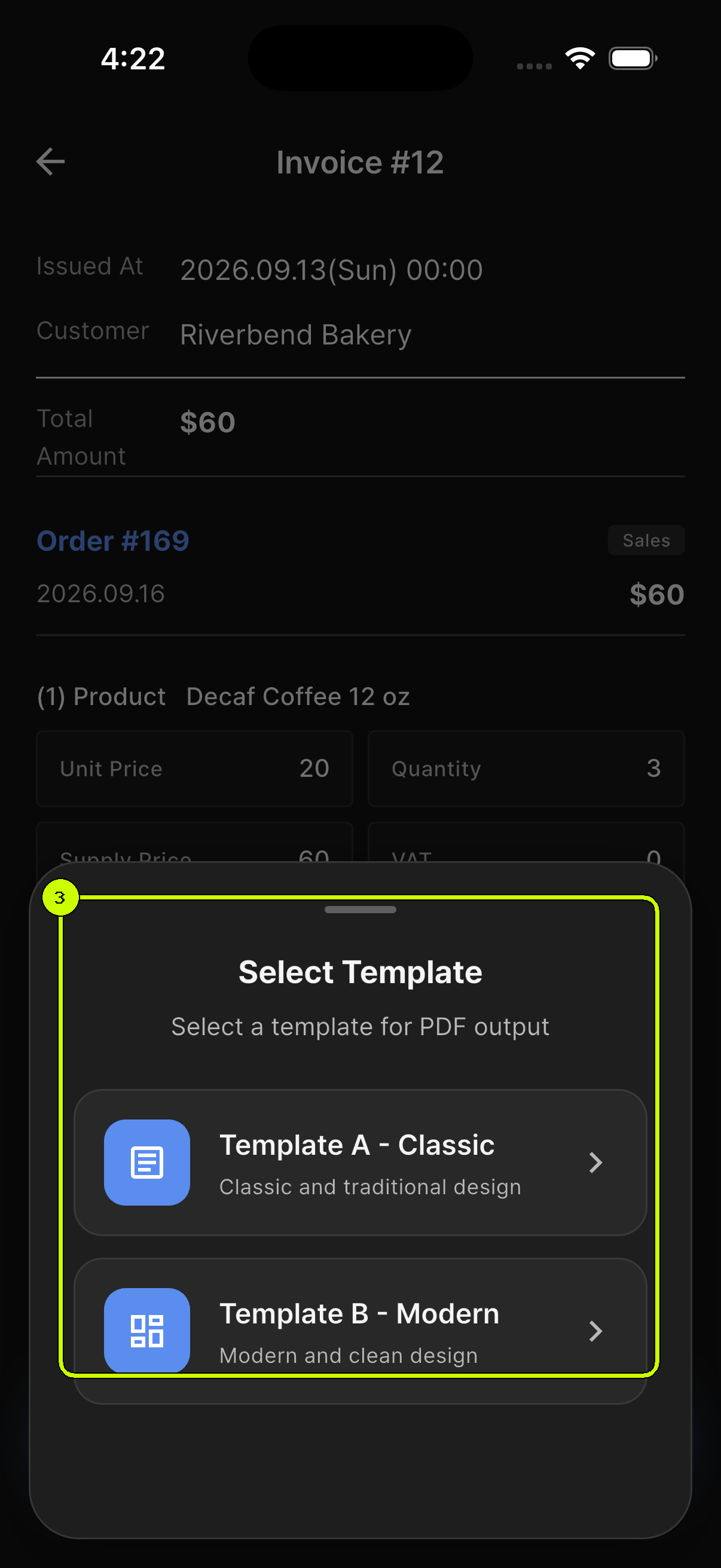 Classic and Modern template choices highlighted in the SalesDocks English template sheet