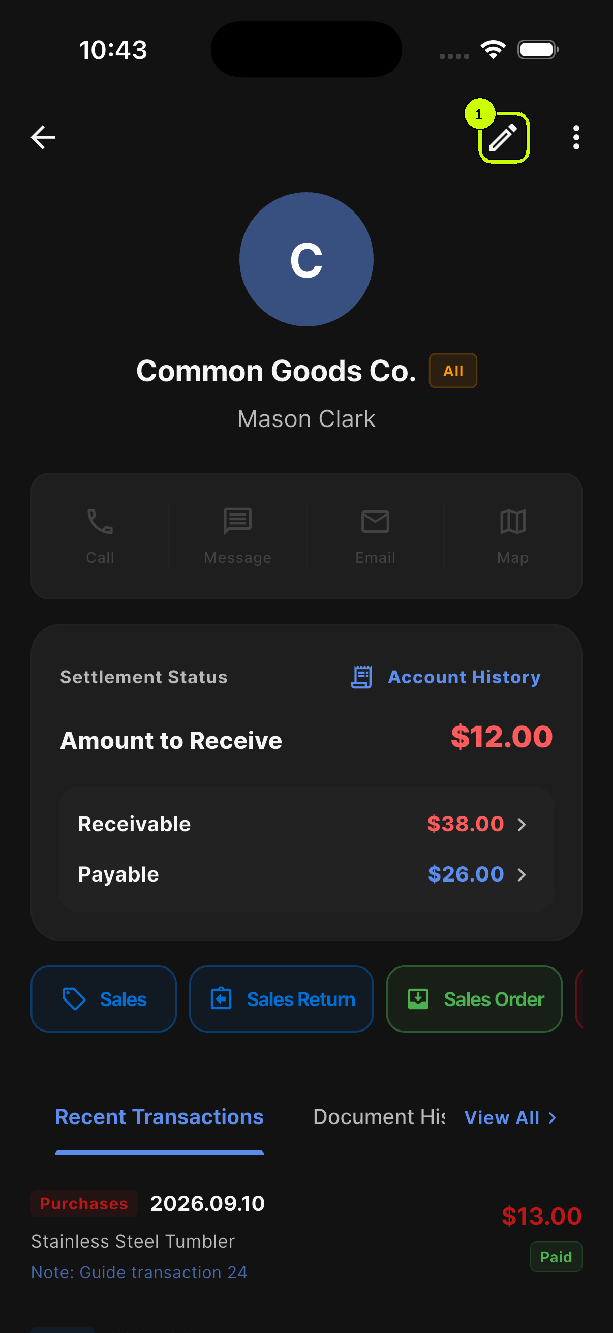 Edit icon highlighted on the Common Goods Co. detail screen in SalesDocks