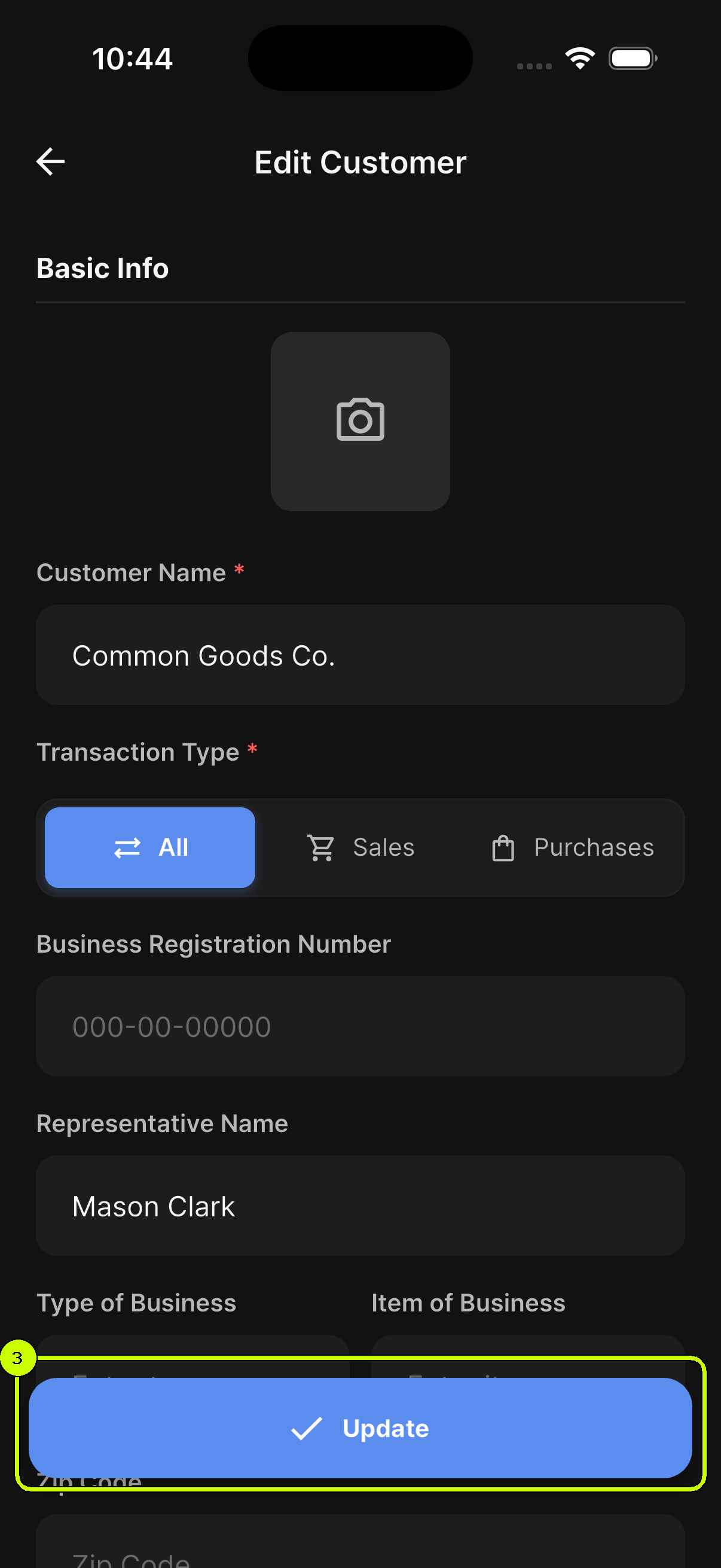 Update button highlighted on the SalesDocks English Edit Customer screen