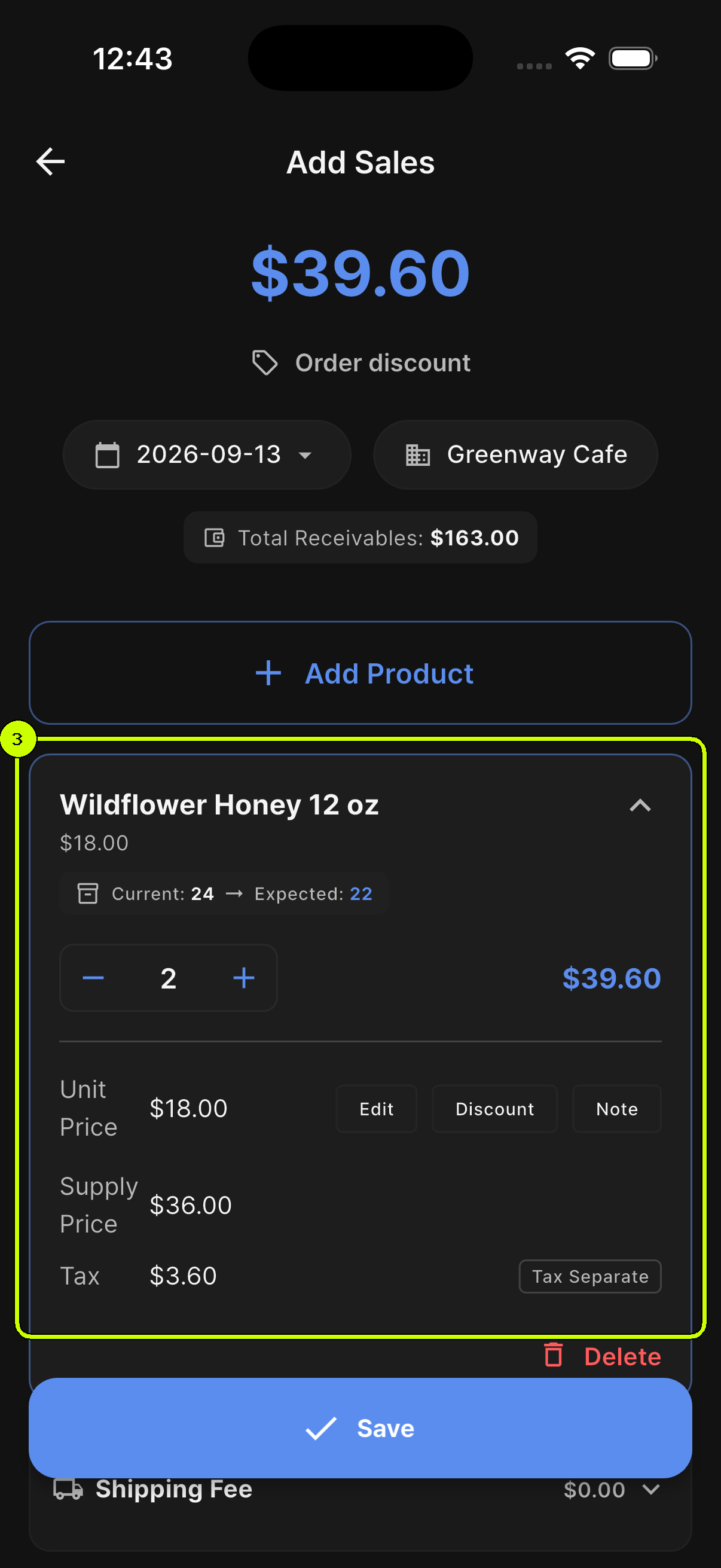 Wildflower Honey quantity changed to two and unit price changed to 18 dollars with recalculated totals in SalesDocks