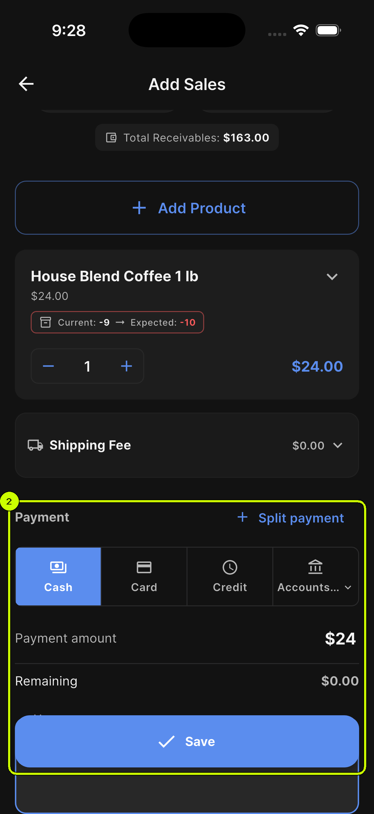 SalesDocks English sale registration screen with the payment method and amount selected