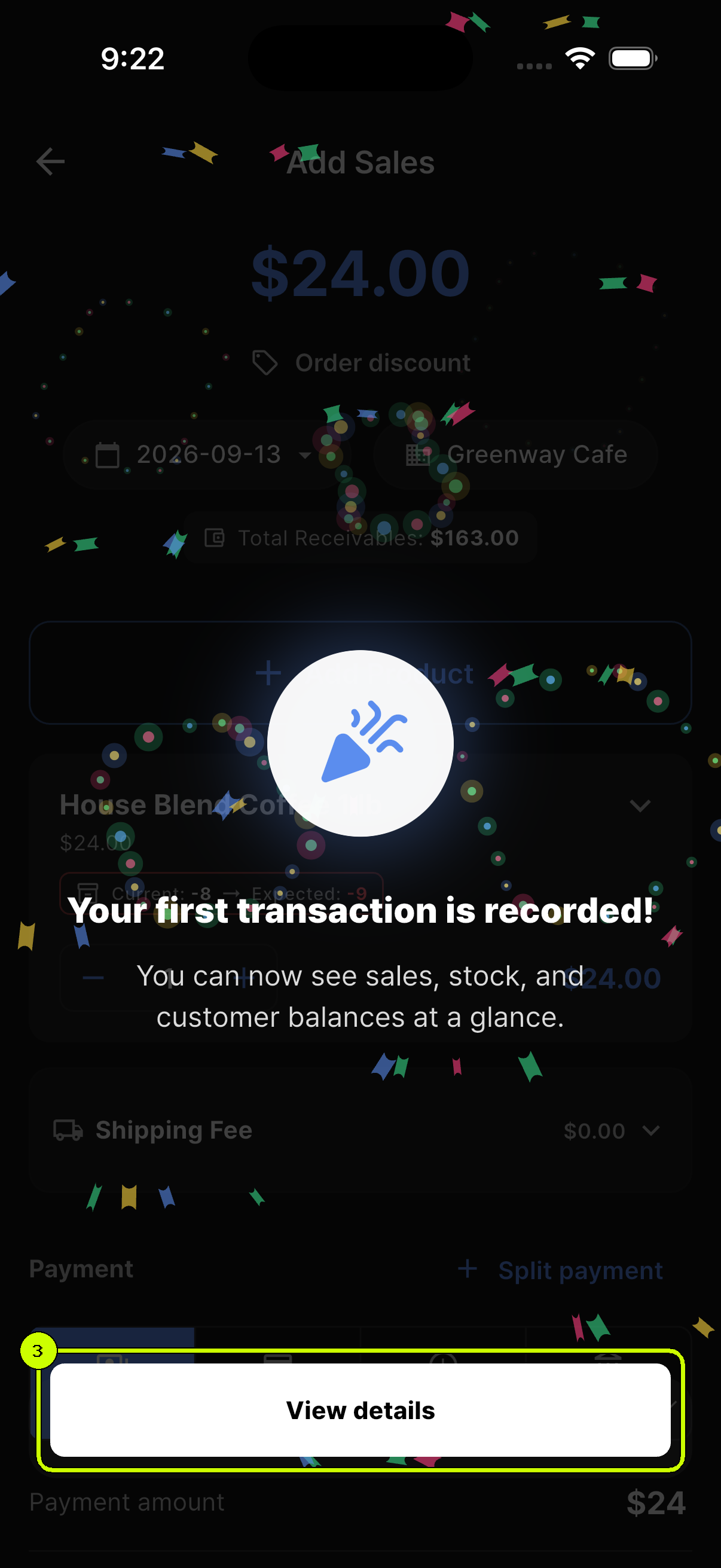 SalesDocks English first sale completion screen with the View details button